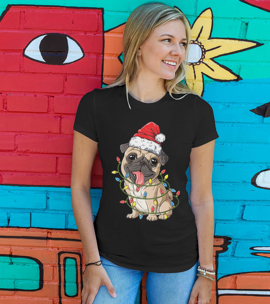 Pug Wearing Santa Hat Wrapped In Xmas Lights For Christmas T-Shirt