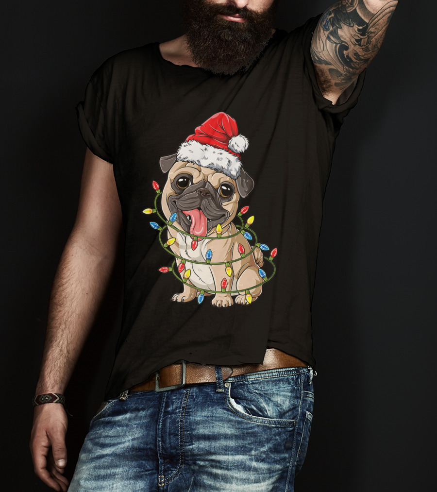 Pug Wearing Santa Hat Wrapped In Xmas Lights For Christmas T-Shirt