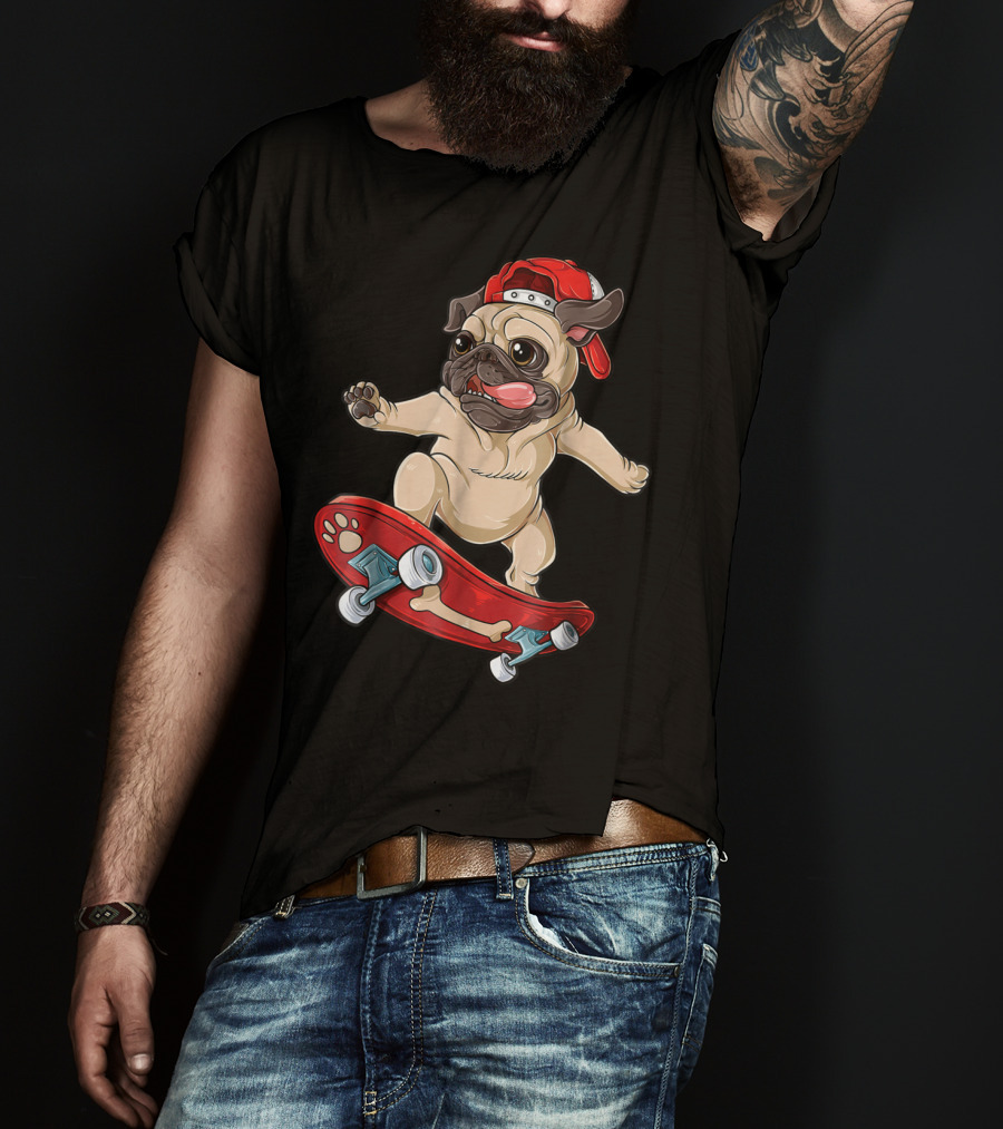 Pug Puppy Skater With Red Hat And Paw Print Skateboard T-Shirt
