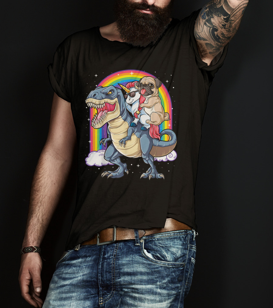 Pug Riding Unicorn Riding Dinosaur Under Rainbow T-Shirt