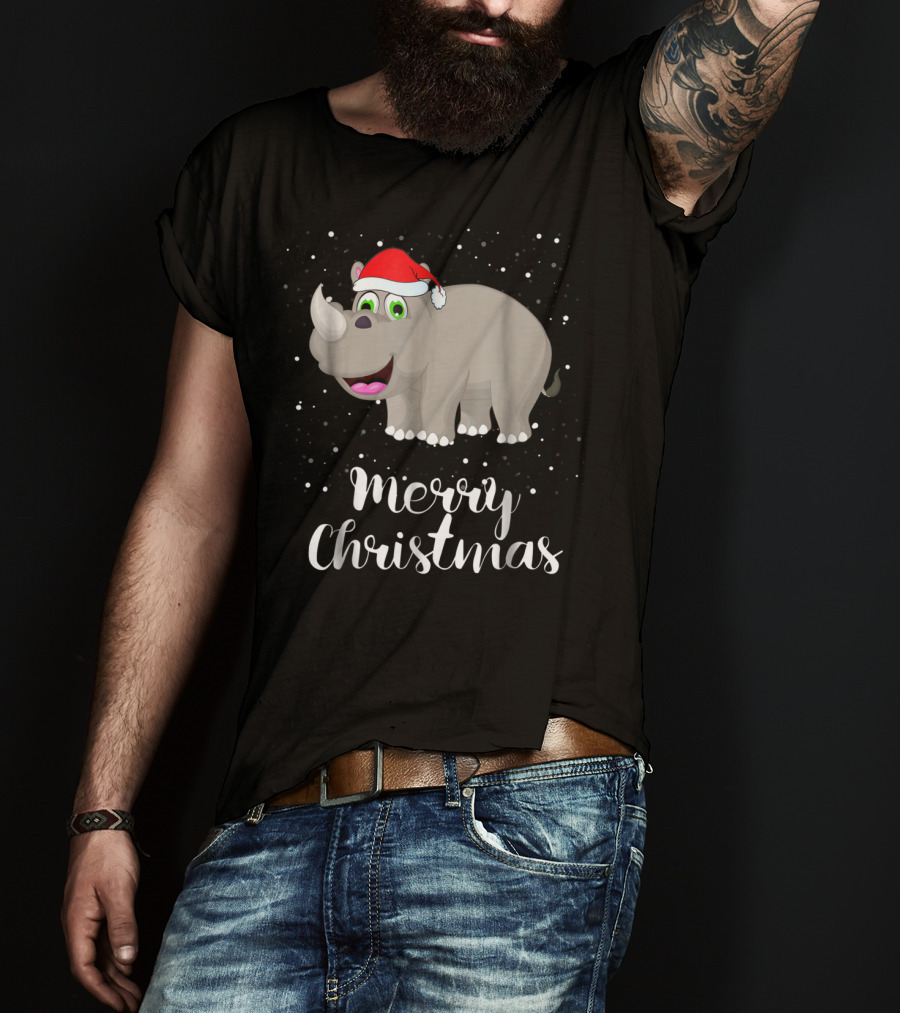 Merry Christmas Rhinoceros Santa Hat Family Group T-Shirt