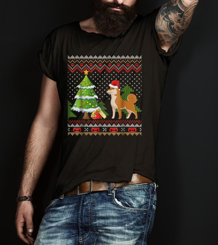 Shiba Inu Santa Christmas Tree Presents UglyDog T-Shirt