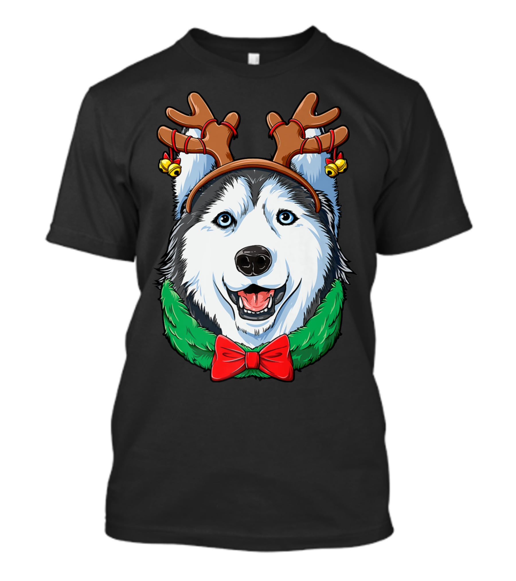 Siberian Husky With Christmas Reindeer Antlers And Festive Bow T-Shirt