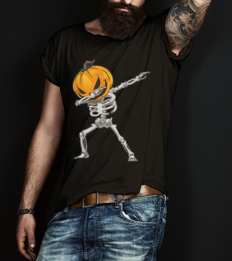 Skeleton Dabbing Halloween Scary Pumpkin Head Dance T-Shirt