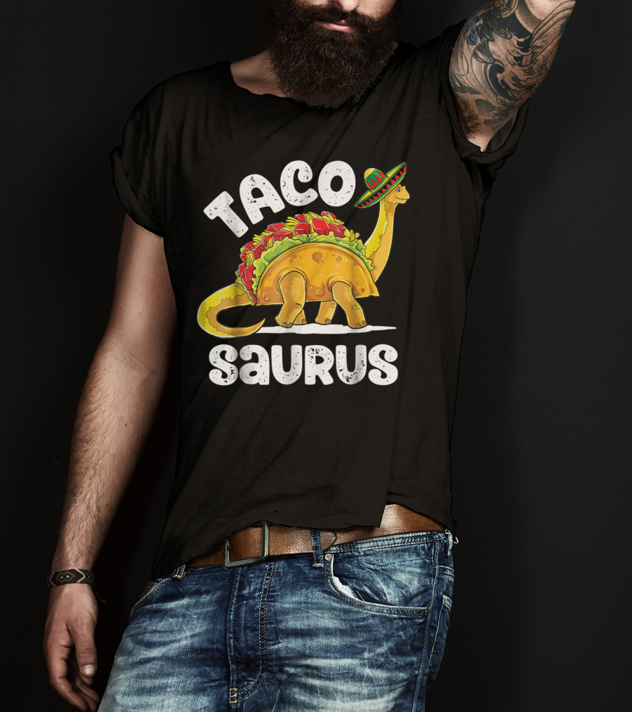 Tacosaurus Dinosaur Wearing Sombrero With Taco Shell Saddle T-Shirt