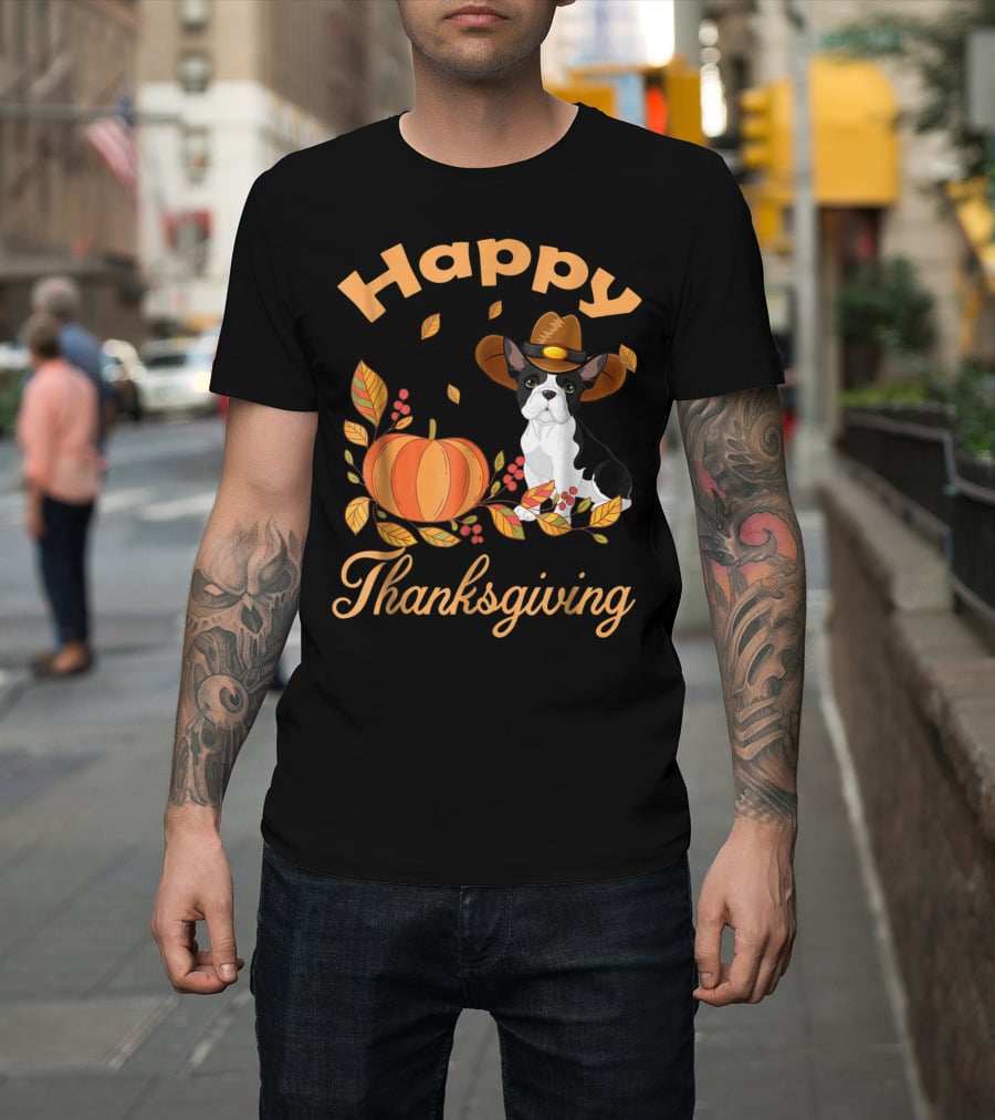 Happy Thanksgiving French Bulldogs Pilgrim Pumpkin Leaves T-Shirt