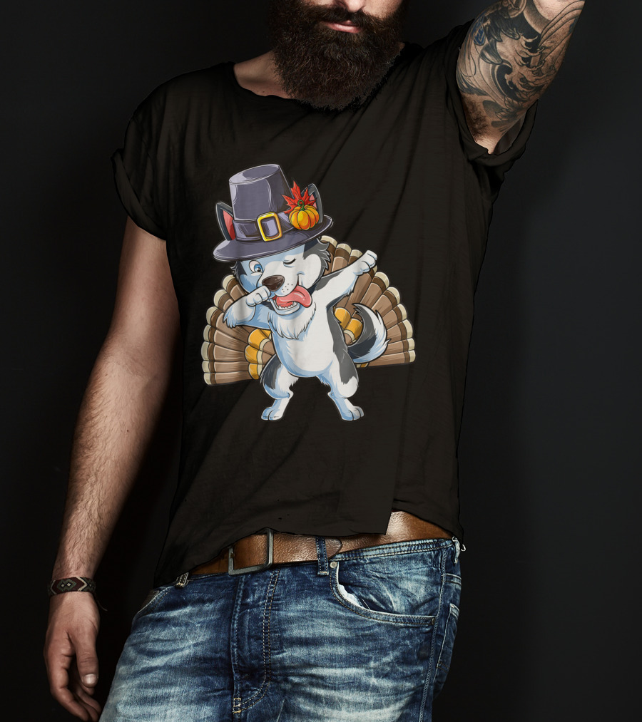 Thanksgiving Dabbing Siberian Husky In Pilgrim Hat With Turkey Feathers T-Shirt