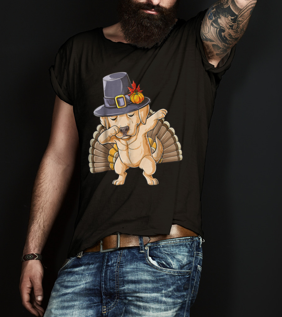 Thanksgiving Labrador Dabbing In Pilgrim Hat With Turkey Feathers T-Shirt