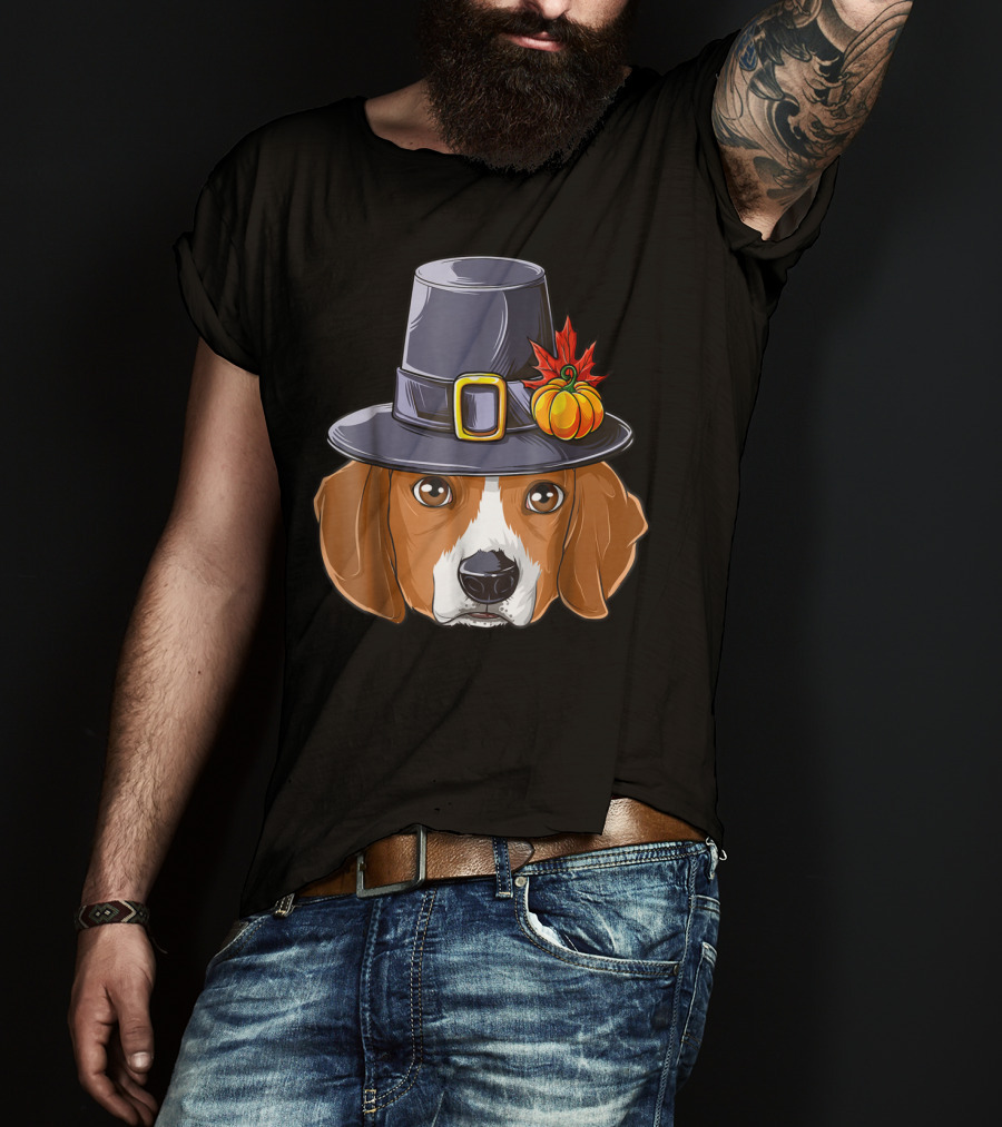 Thanksgiving Beagle Pilgrim Hat Pumpkin Leaf T-Shirt