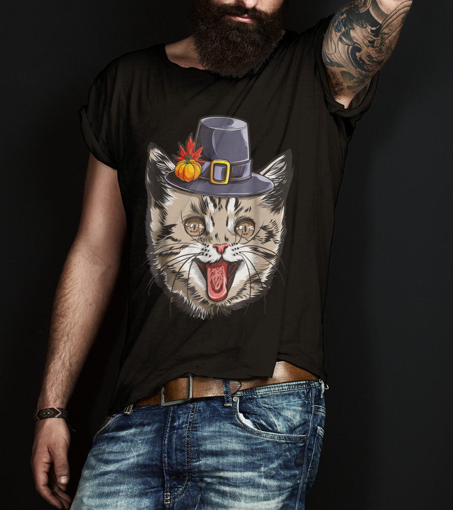 Thanksgiving Cat Pilgrim With Pumpkin Hat IY T-Shirt