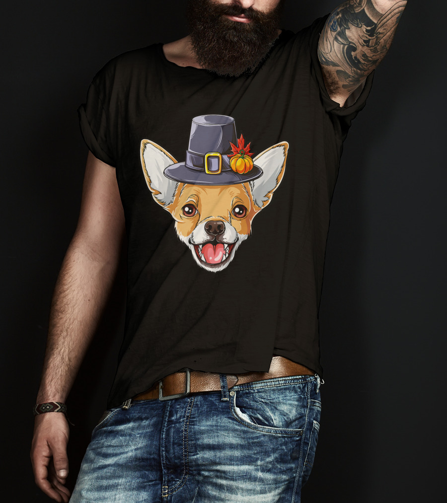 Pilgrim Hat Chihuahua With Thanksgiving Pumpkin And Leaf T-Shirt
