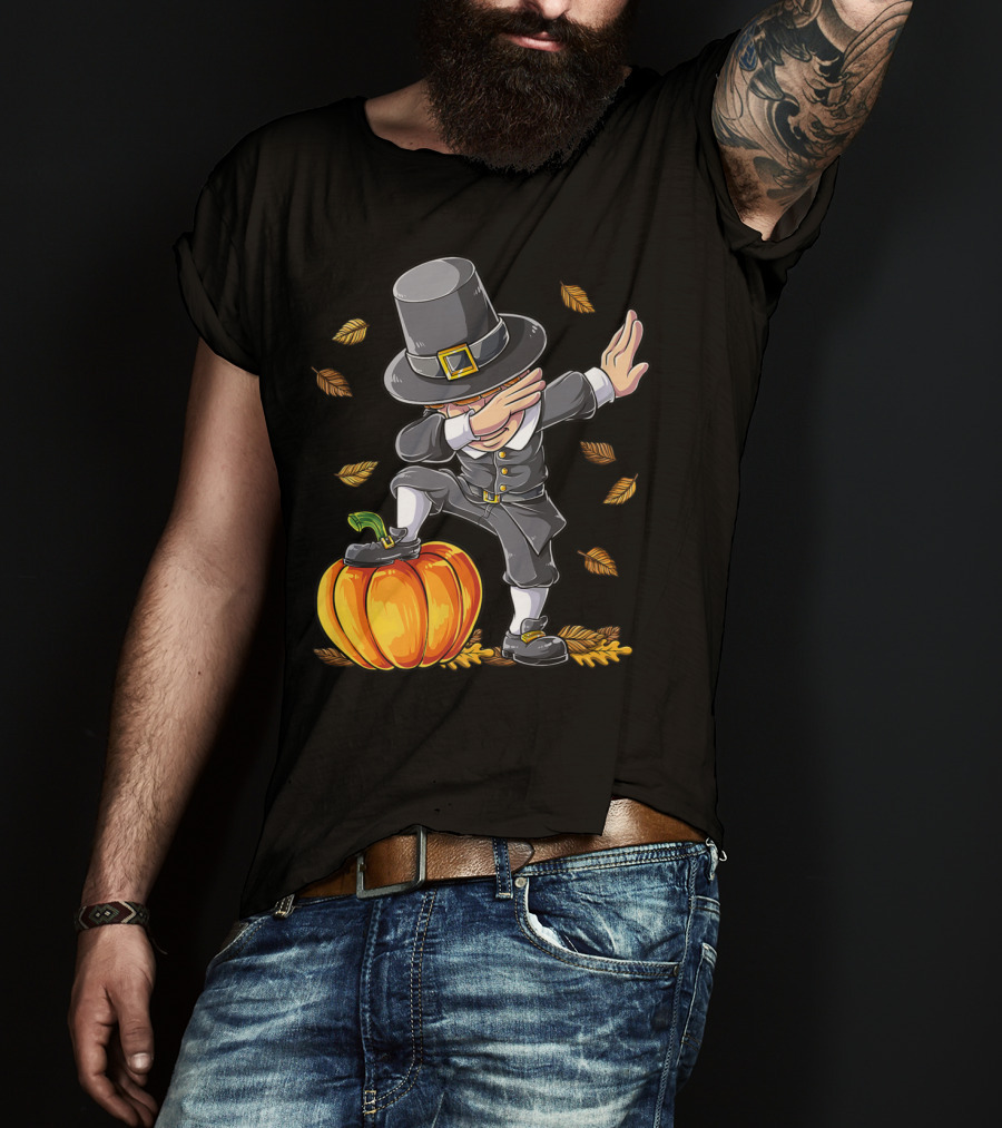 Thanksgiving Dabbing Pilgrim Boy Pumpkin Autumn Leaves T-Shirt