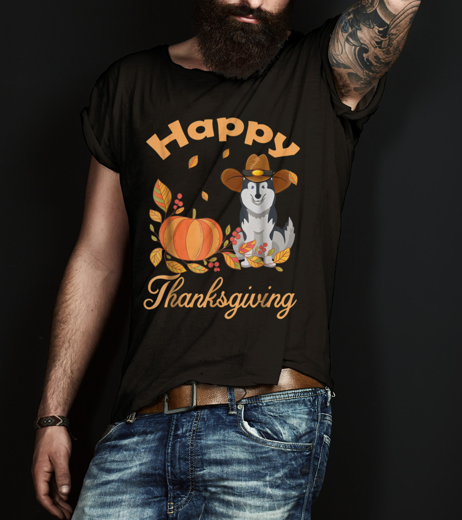 Happy Thanksgiving Siberian Husky With Pumpkin And Fall Leaves T-Shirt
