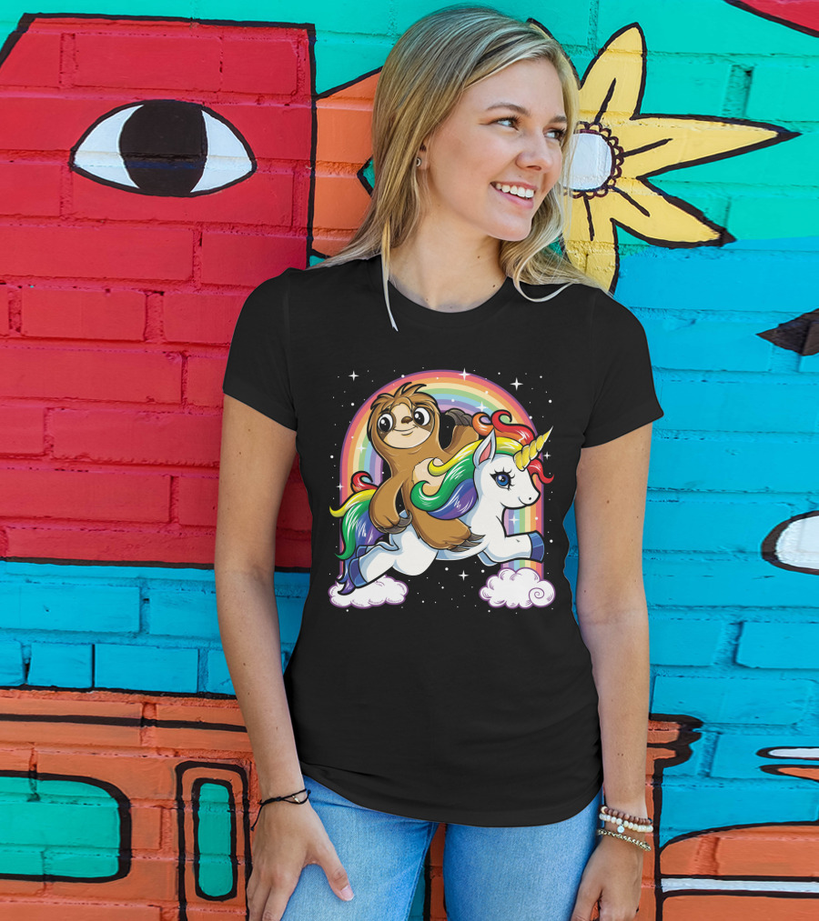 Sloth Riding Unicorn Rainbow Slothicorn Women Kids Fun T-Shirt