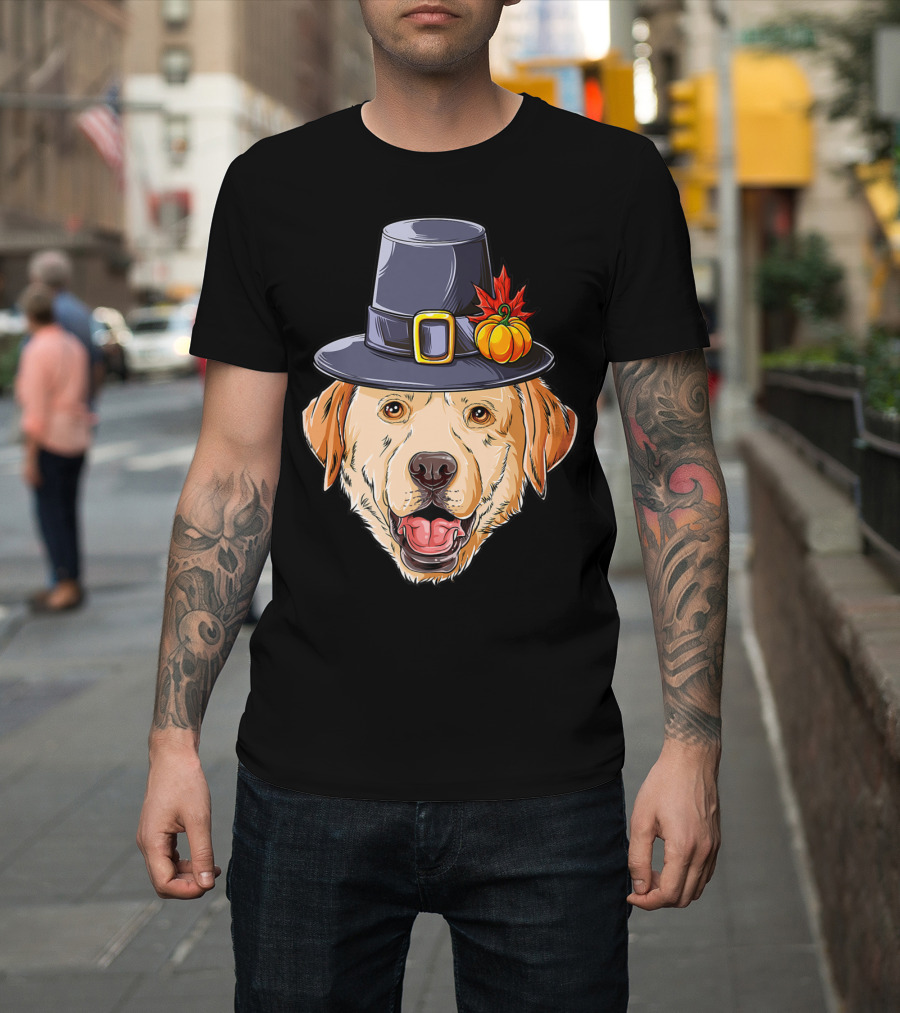 Thanksgiving Dog In Pilgrim Hat With Pumpkin And Leaf T-Shirt