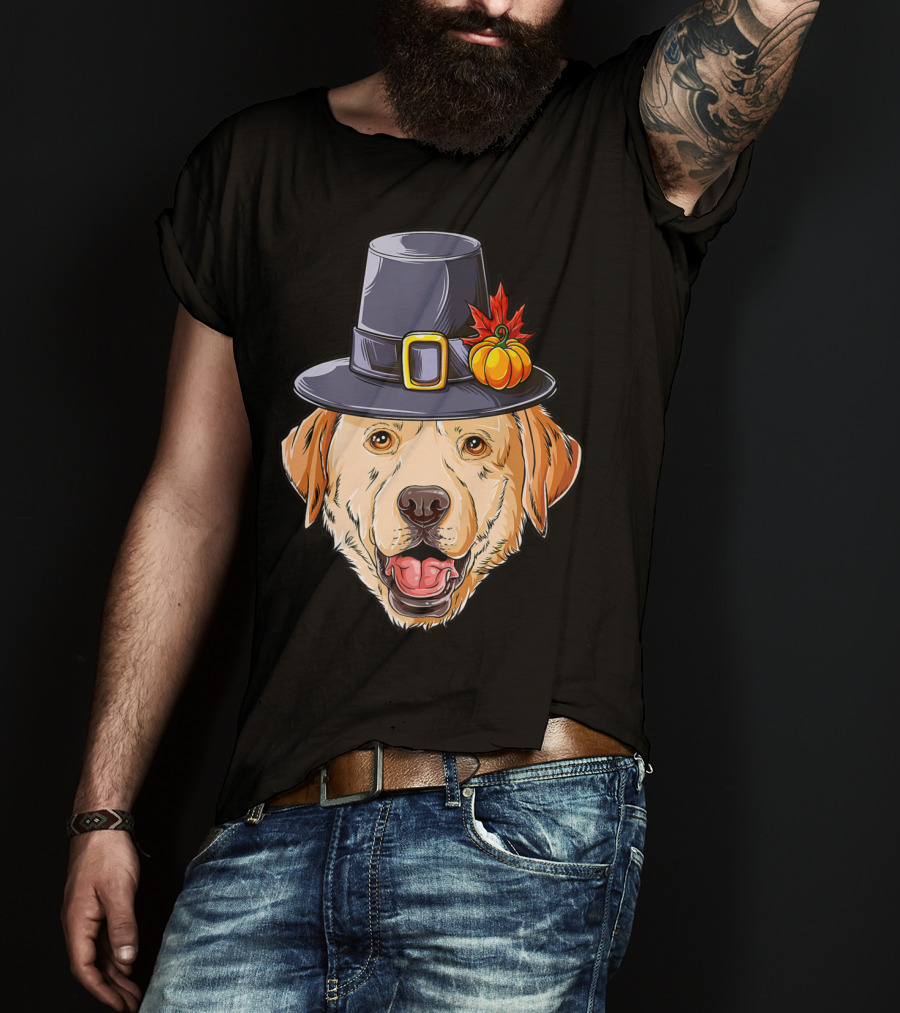 Thanksgiving Dog In Pilgrim Hat With Pumpkin And Leaf T-Shirt