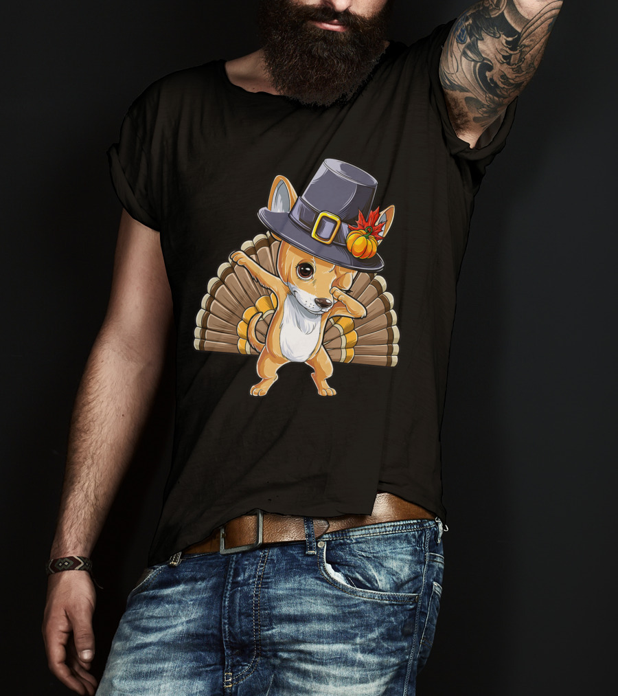 Thanksgiving Dabbing Chihuahua Pilgrim Hat Turkey Feathers T-Shirt