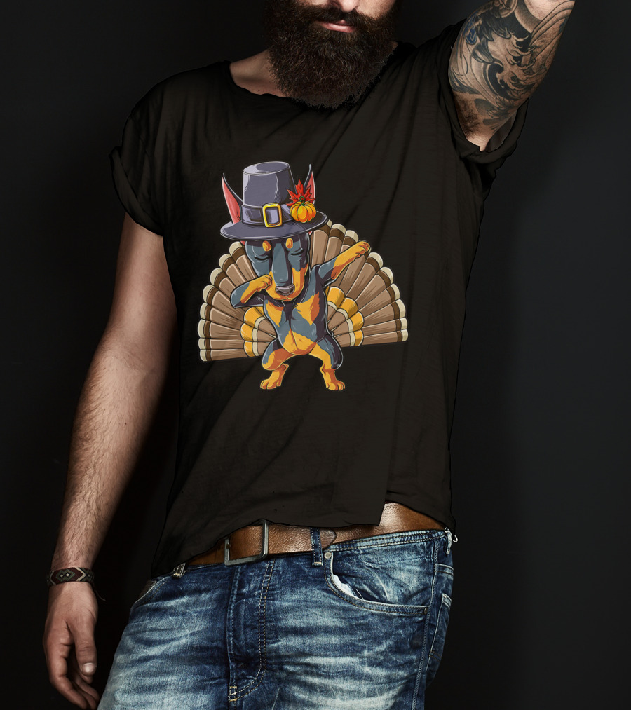 Thanksgiving Dabbing Doberman Pilgrim Hat Turkey Feather Background T-Shirt