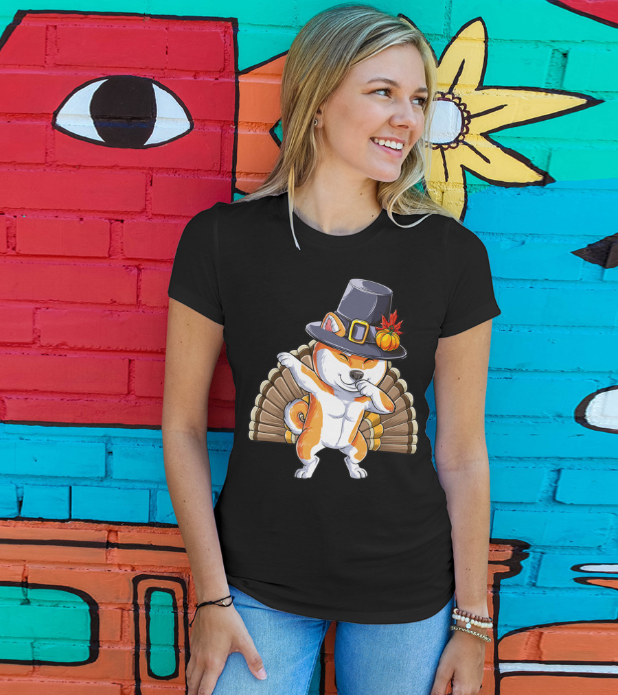 Thanksgiving Dabbing Shiba Inu Pilgrim Hat Turkey Background T-Shirt