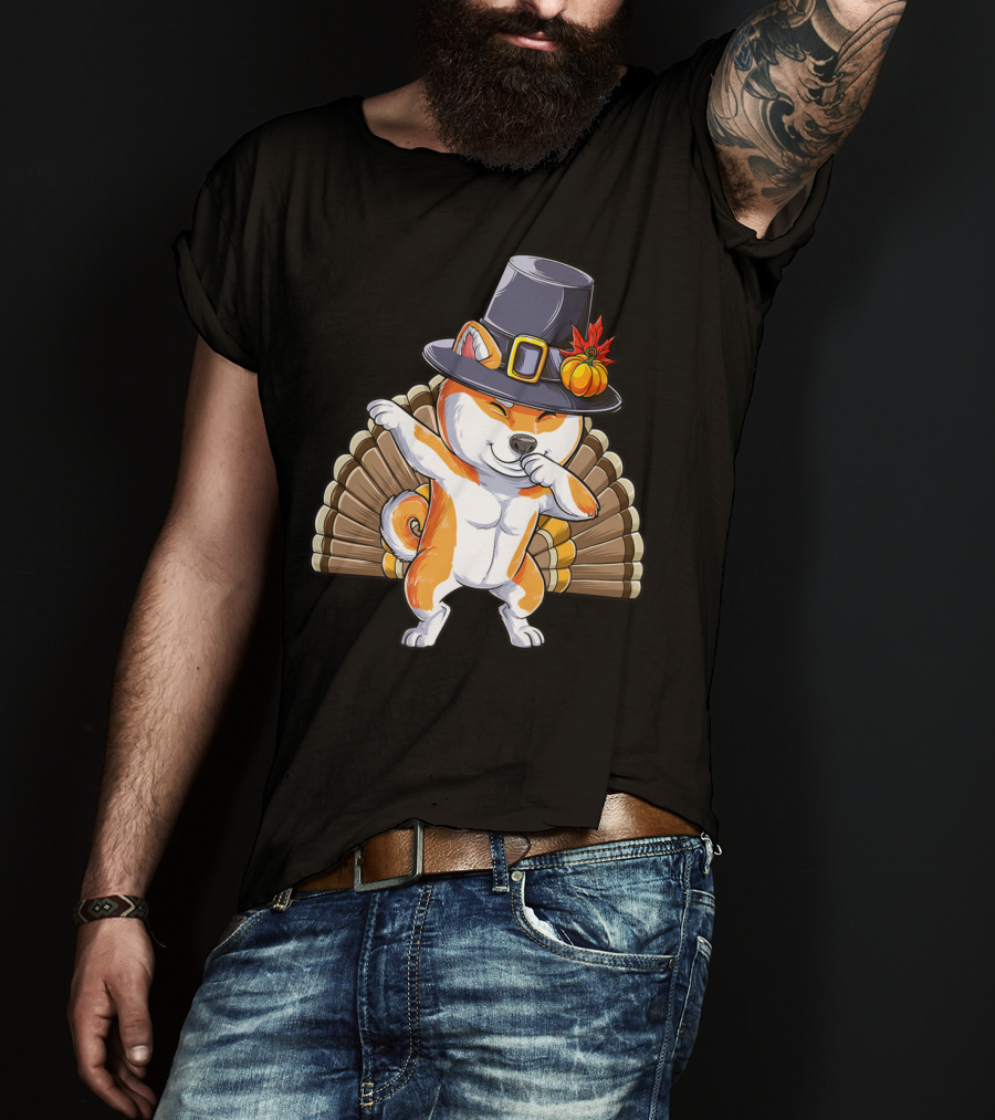Thanksgiving Dabbing Shiba Inu Pilgrim Hat Turkey Background T-Shirt