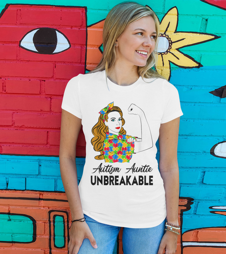 Unbreakable Auntie Autism Awareness Puzzle Colors Rosie The Riveter T-Shirt