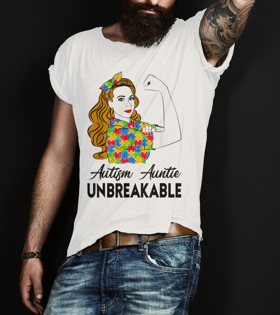 Unbreakable Auntie Autism Awareness Puzzle Colors Rosie The Riveter T-Shirt