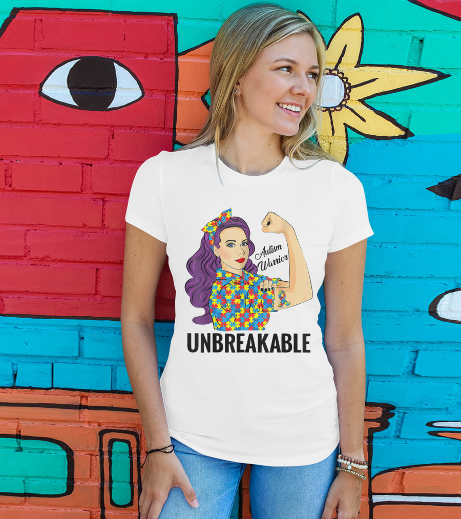 Autism Awareness Warrior Unbreakable Puzzle Ribbon Rosie The Riveter T-Shirt