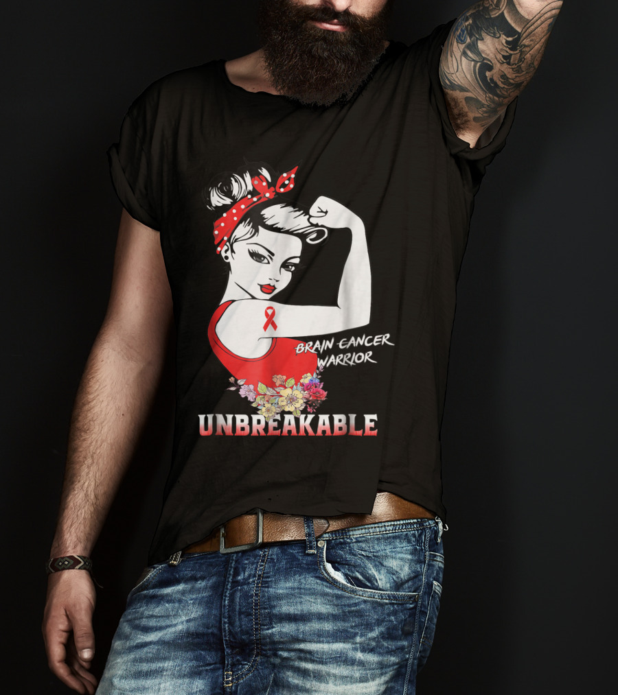 Unbreakable Brain Cancer Warrior With Awareness Ribbon And Floral Accents T-Shirt