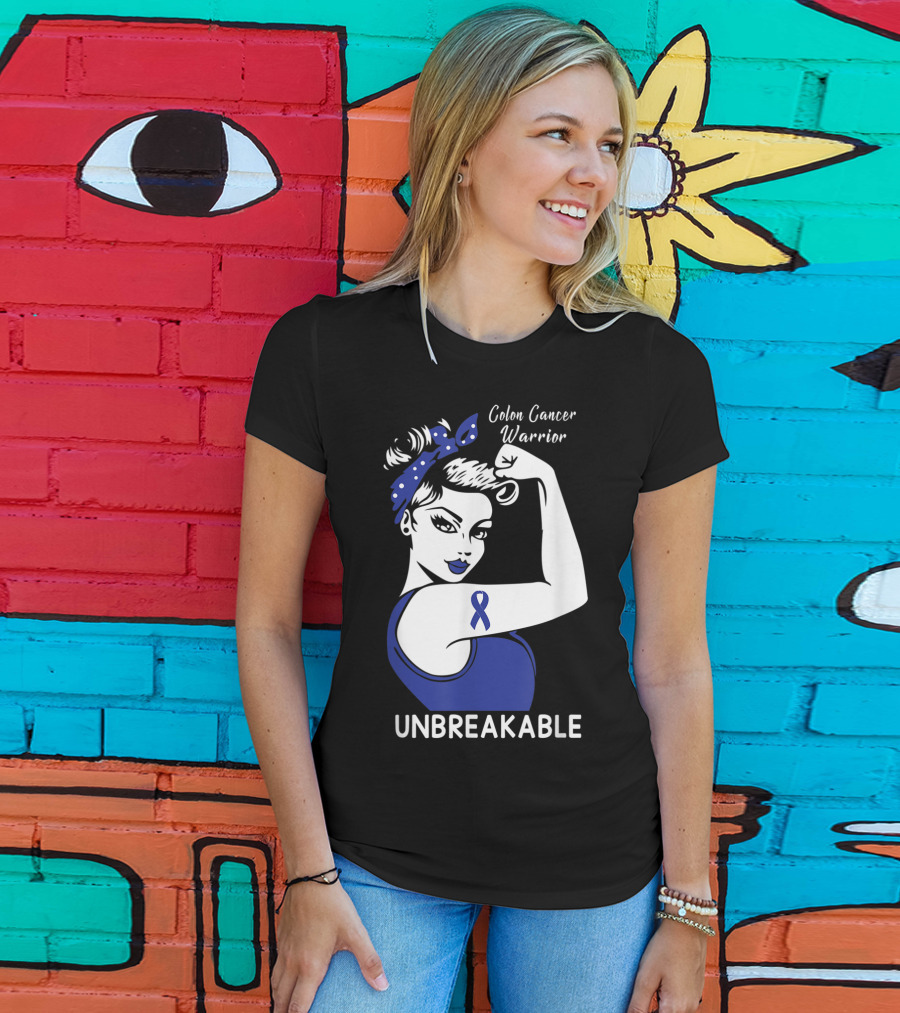 Colon Cancer Warrior Unbreakable Strength Ribbon Rosie The Riveter Inspired T-Shirt