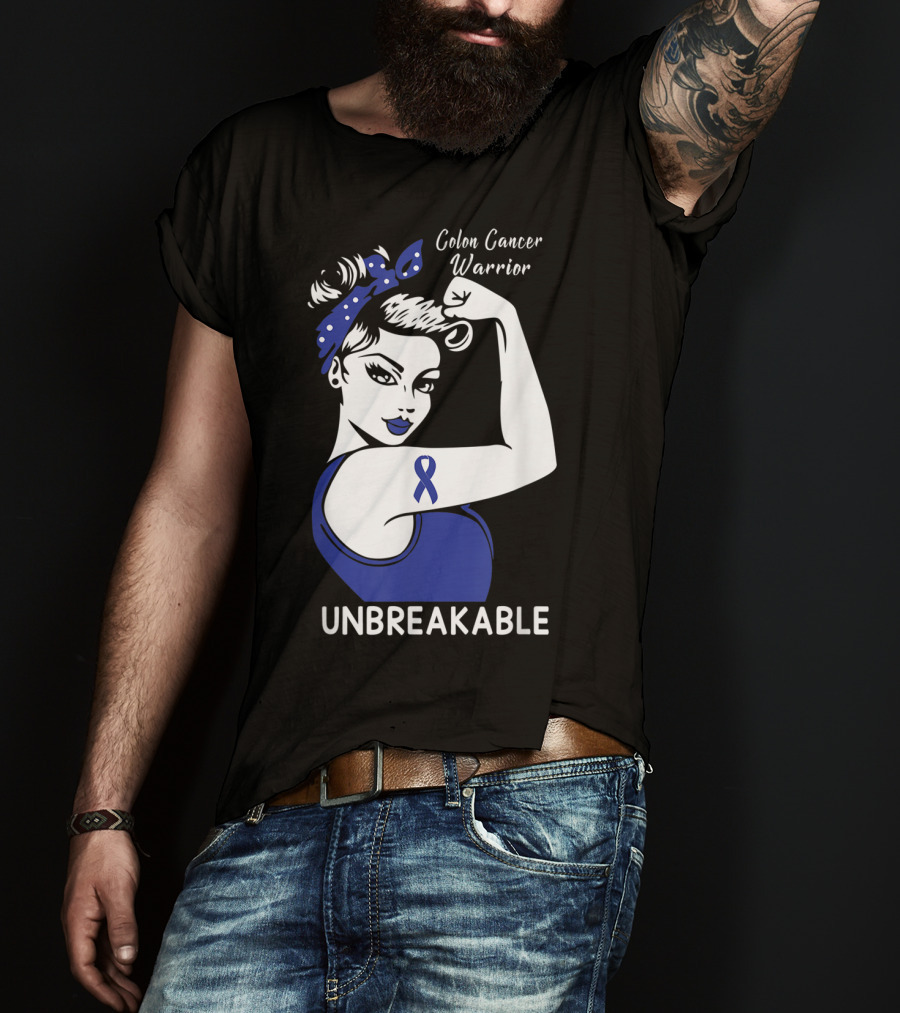 Colon Cancer Warrior Unbreakable Strength Ribbon Rosie The Riveter Inspired T-Shirt
