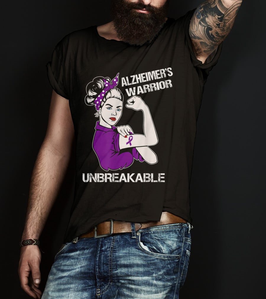 Alzheimer's Warrior Unbreakable Rosie The Riveter Style Purple Awareness T-Shirt