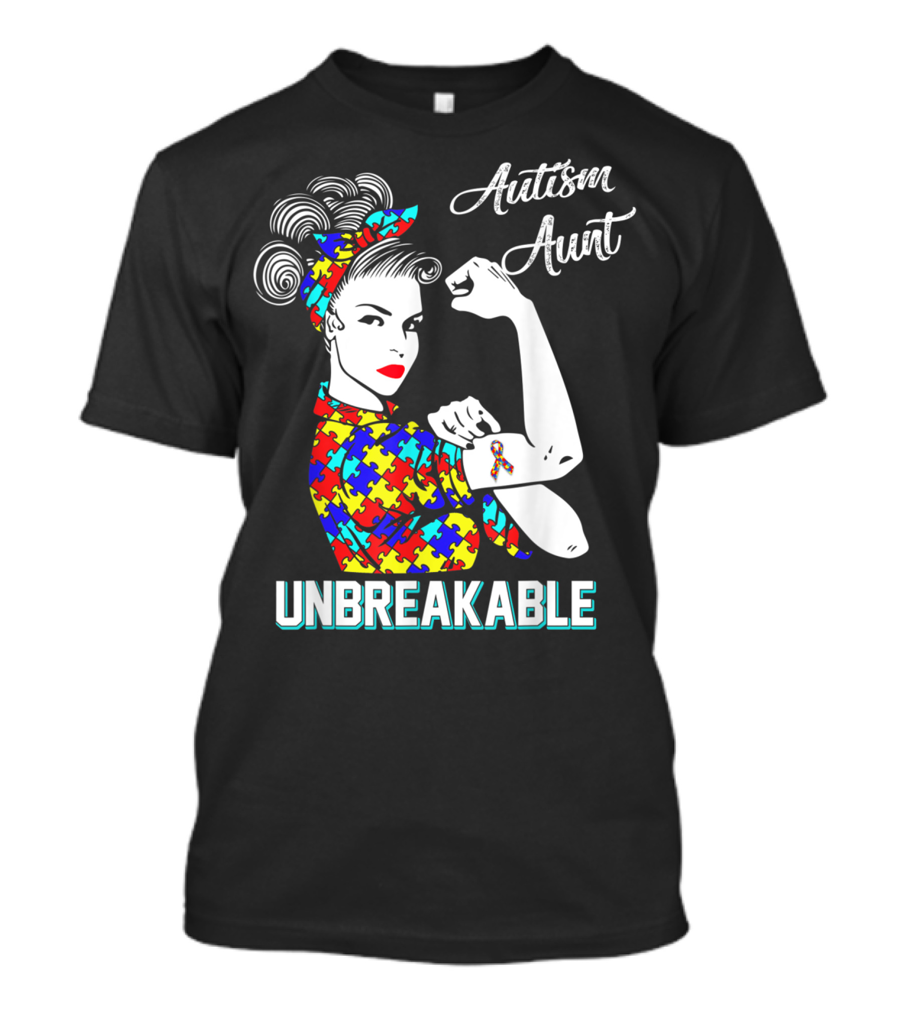 Autism Aunt Unbreakable Rosie The Riveter Puzzle Ribbon Awareness T-Shirt
