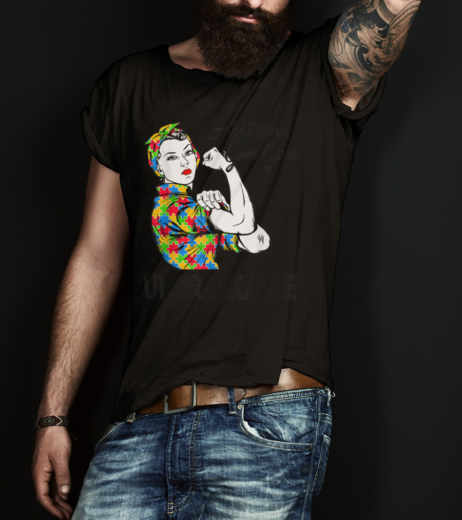 Autism Gam Gam Unbreakable Autism Awareness Puzzle Piece Rosie Flexing T-Shirt