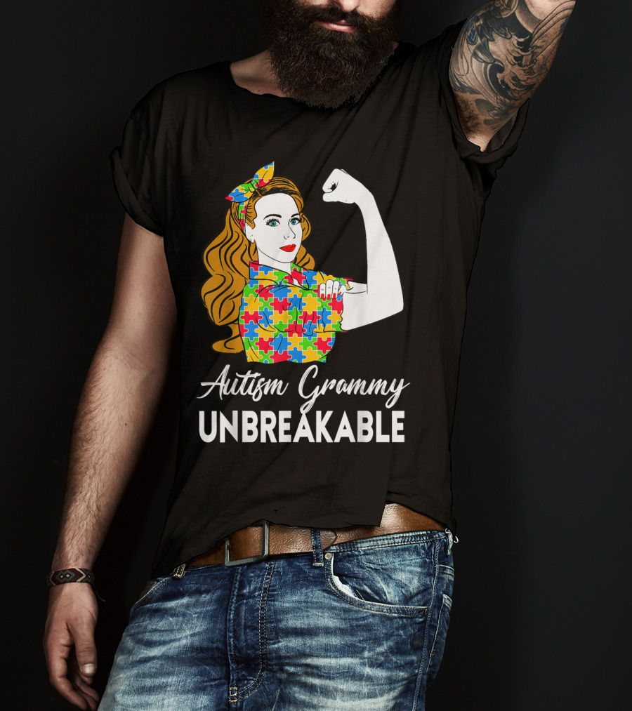 Autism Grammy Unbreakable Rosie Riveter Puzzle Piece Awareness T-Shirt