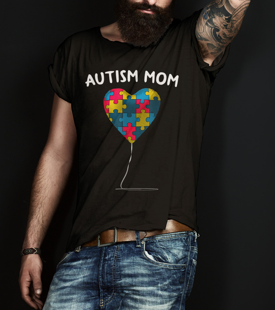 Autism Mom Heart Puzzle Balloon Autism Awareness Day T-Shirt
