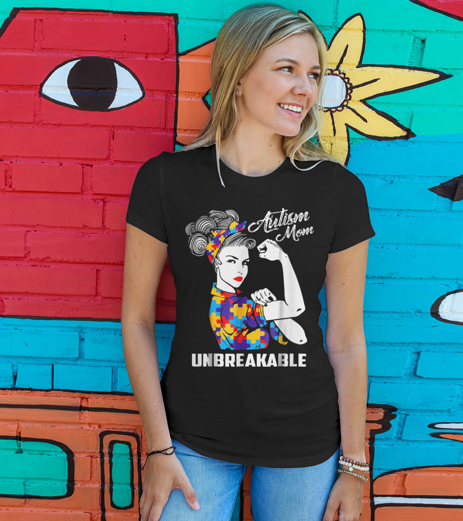 Autism Mom Unbreakable Autism Awareness Rosie The Riveter Puzzle T-Shirt
