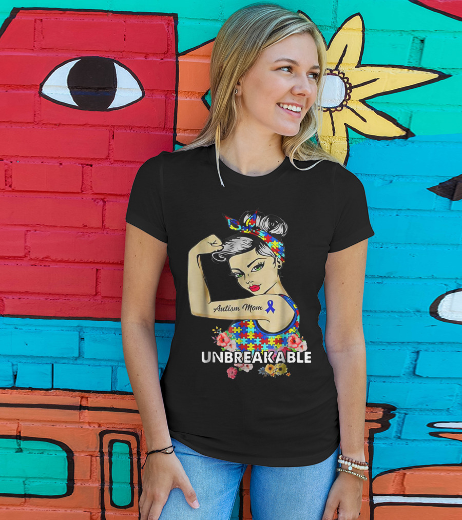 Unbreakable Autism Mom Awareness Month Puzzle Ribbon Flowers T-Shirt
