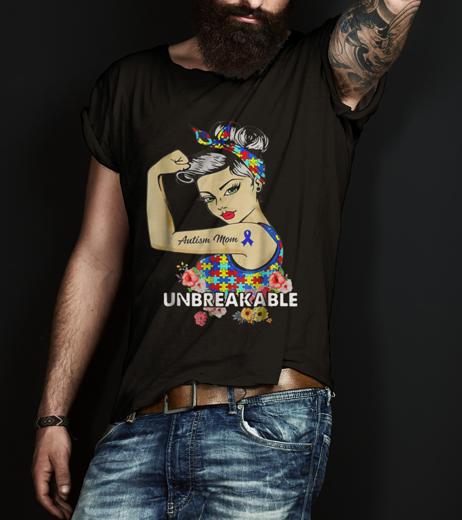 Unbreakable Autism Mom Awareness Month Puzzle Ribbon Flowers T-Shirt