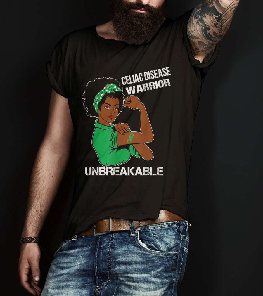 Celiac Disease Warrior Unbreakable With Empowering Arm Pose And Green Awareness T-Shirt