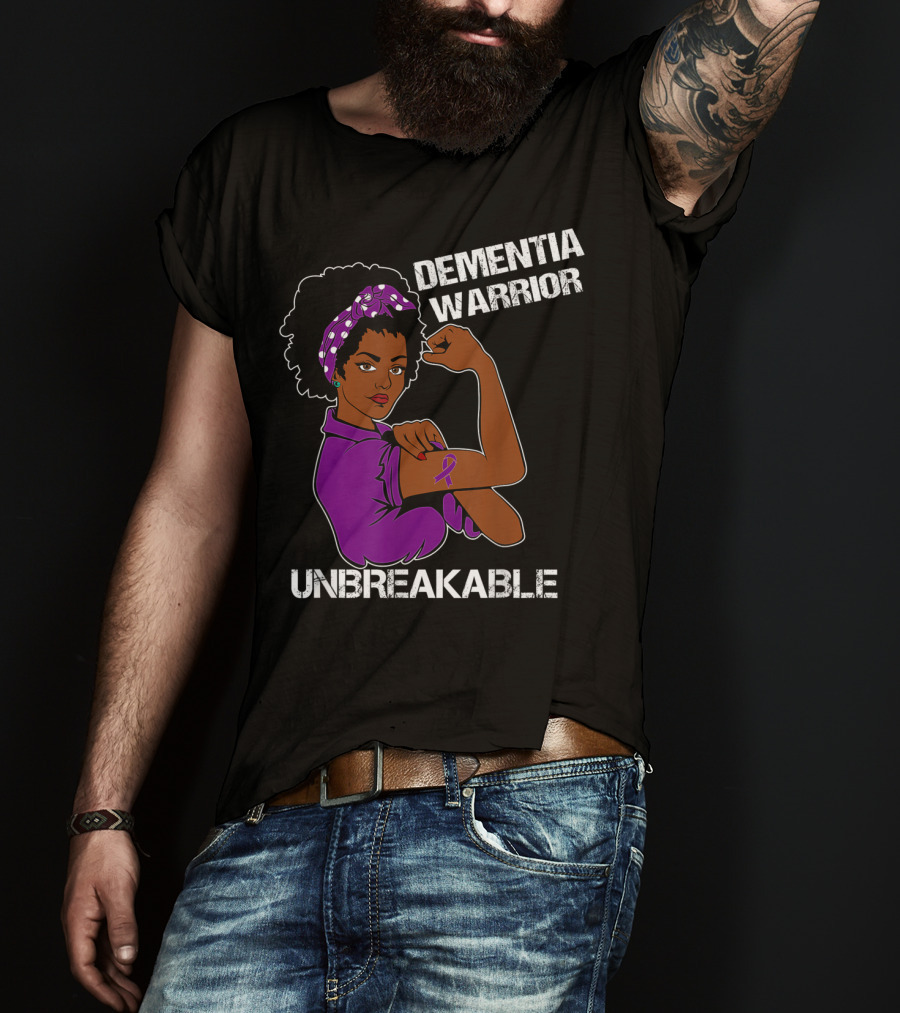 Dementia Warrior Unbreakable Rosie The Riveter Woman With Purple Awareness T-Shirt