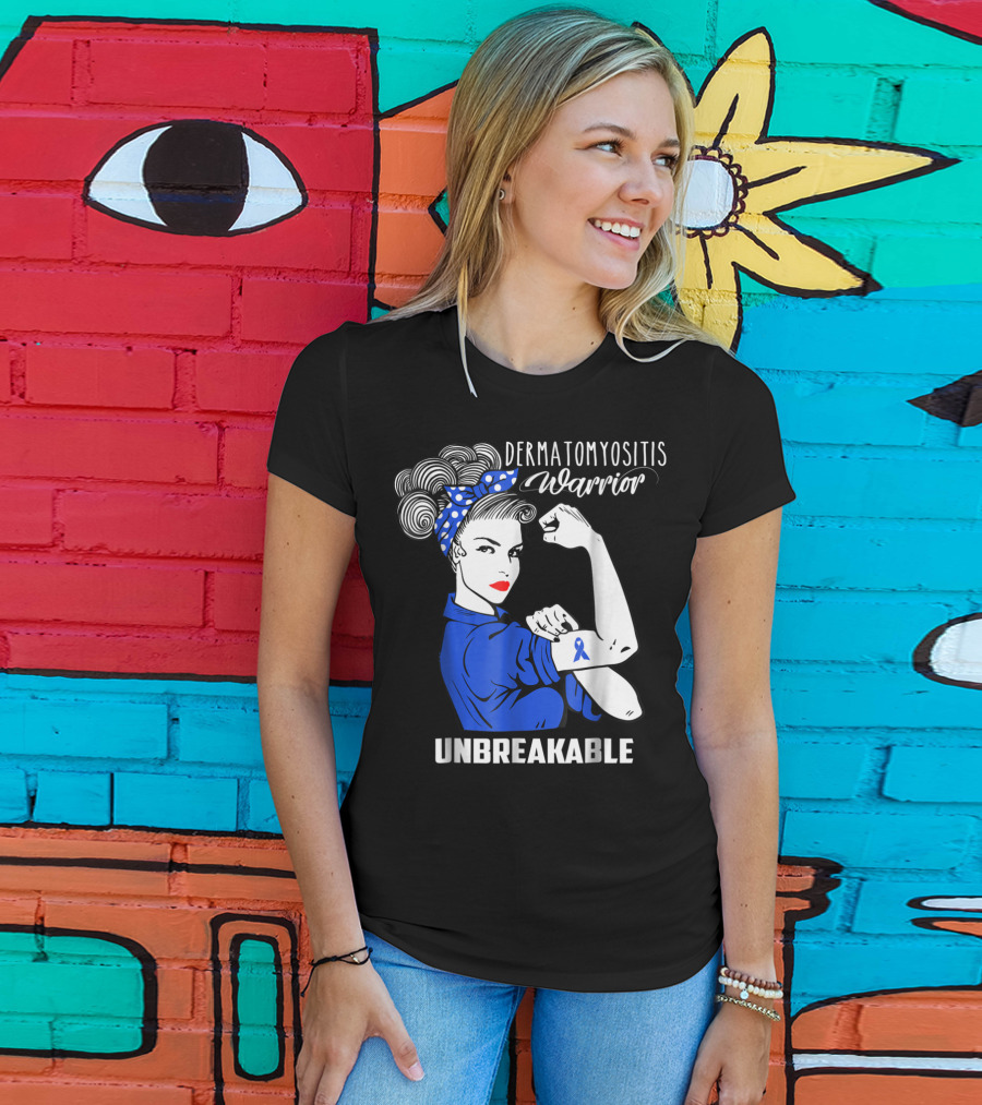 Dermatomyositis Warrior Unbreakable Awareness Flexing Rosie Icon With Blue T-Shirt