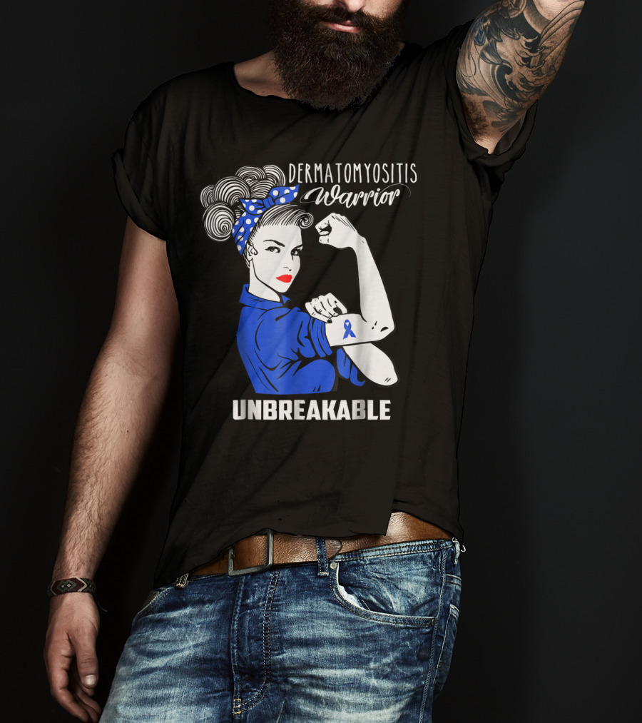 Dermatomyositis Warrior Unbreakable Awareness Flexing Rosie Icon With Blue T-Shirt