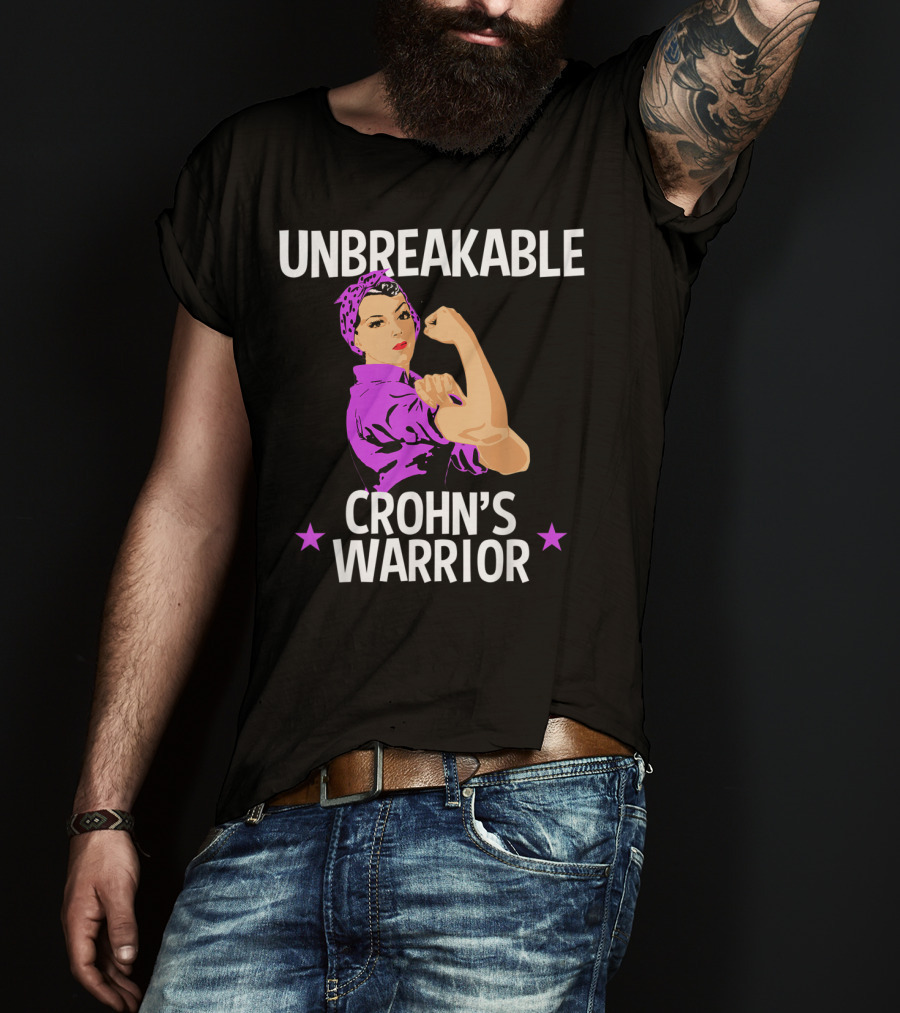 Unbreakable Crohn's Warrior Purple Awareness Rosie The Riveter T-Shirt