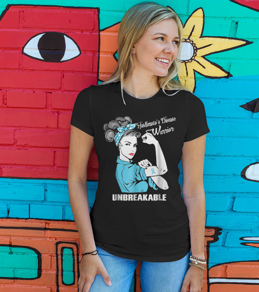 Hashimoto's Disease Warrior Unbreakable Rosie Riveter Style Blue Awareness T-Shirt