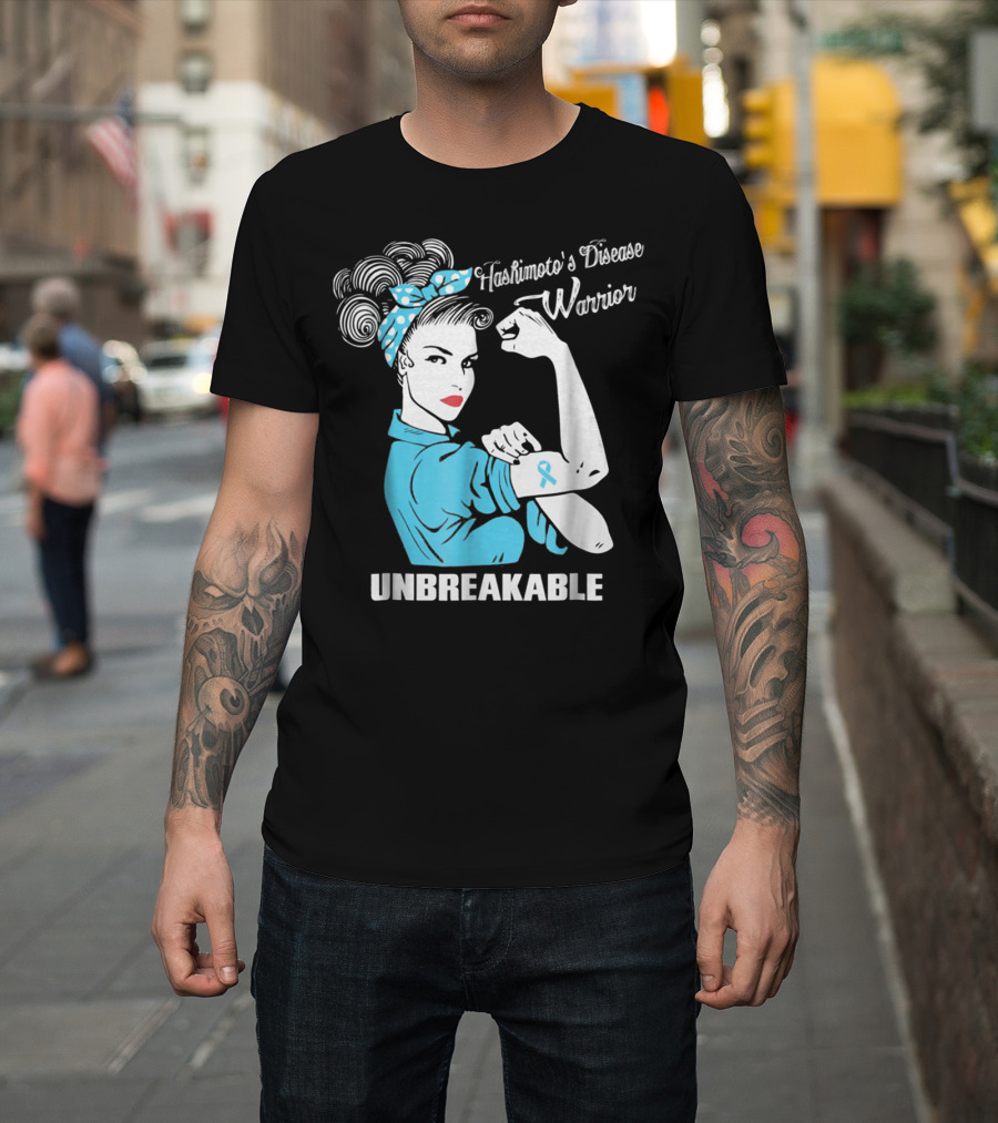 Hashimoto's Disease Warrior Unbreakable Rosie Riveter Style Blue Awareness T-Shirt