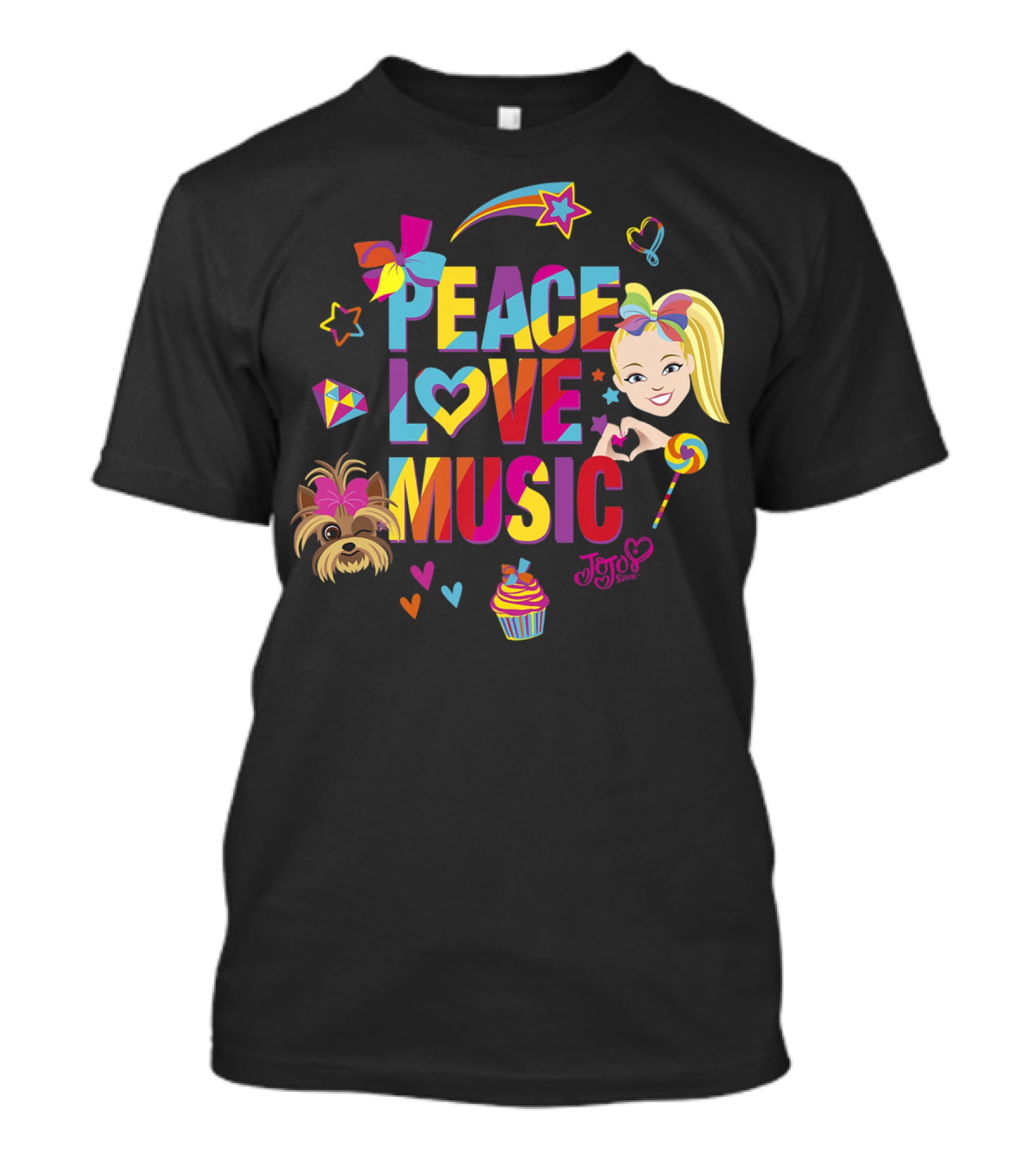 Jojo Siwa Peace Love Music Rainbow With Bow Stars Hearts Cupcake Puppy T-Shirt