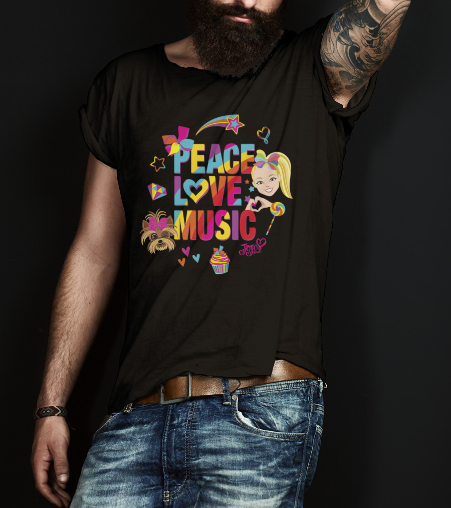 Jojo Siwa Peace Love Music Rainbow With Bow Stars Hearts Cupcake Puppy T-Shirt
