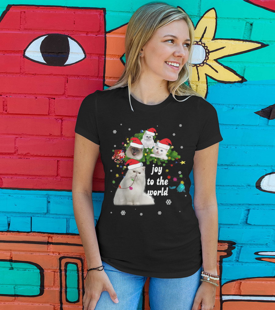 Joy To The World Christmas Cats With Santa Hats And Snowflakes T-Shirt