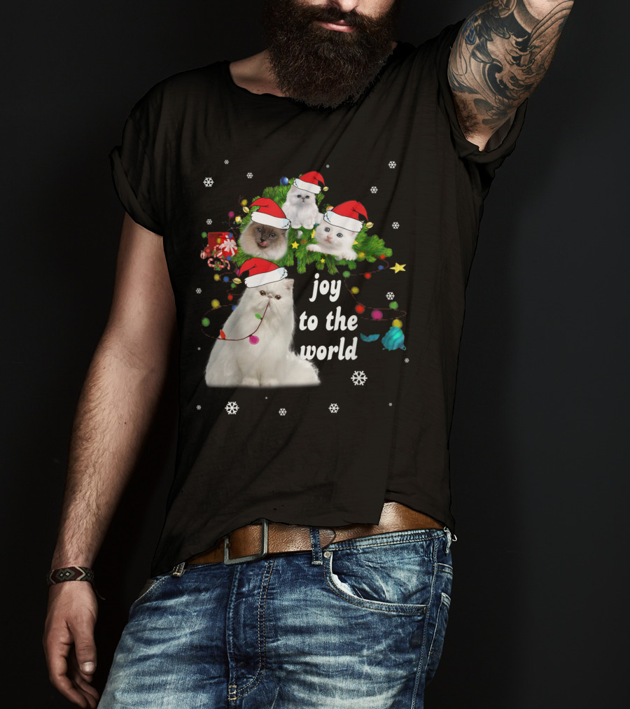 Joy To The World Christmas Cats With Santa Hats And Snowflakes T-Shirt