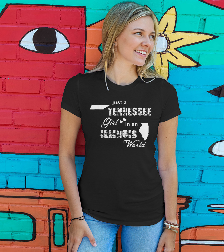 Just A Tennessee Girl In An Illinois World Map Silhouettes Hearts T-Shirt